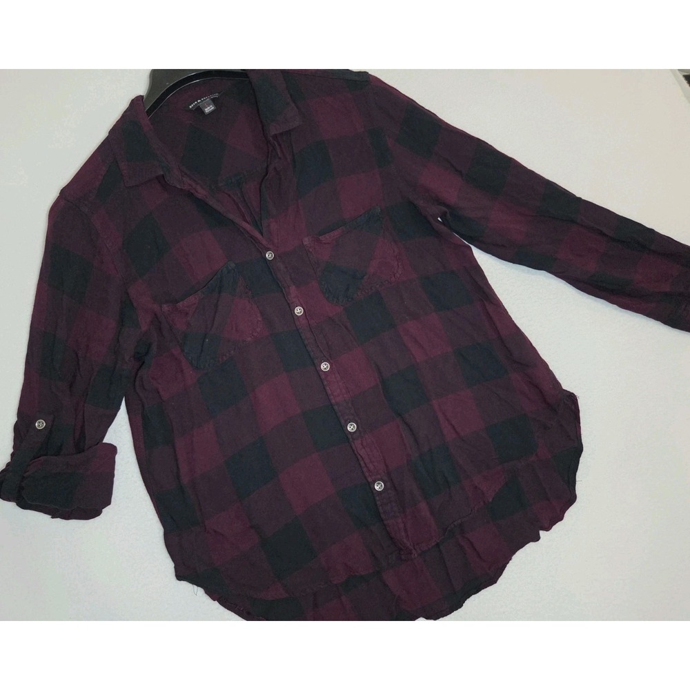 Rock & Republic Plaid Button Down Shirt Womens L Burgundy Black Cotton
